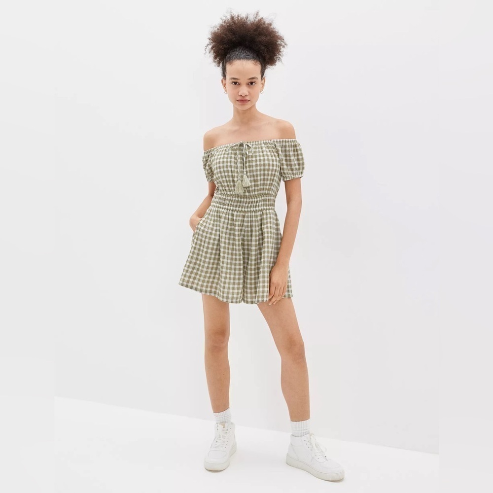 American Eagle Plaid Puff Sleeve Romper, Size XS